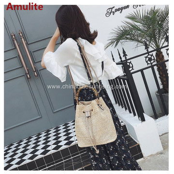 Summer new fashion bamboo handle bucket straw bag